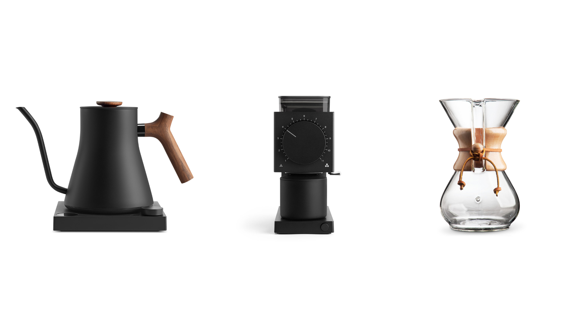 A Fellow Stagg EKG kettle, Fellow Ode Brew Grinder Gen 2, and Chemex coffee maker